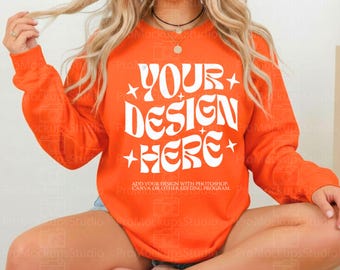 Gildan 18000 Orange Sweatshirt Mockup | G180 Orange Crewneck Mockup | Real Model Mock | Cozy Casual Cute Trendy Fall Boho Aesthetic Sweater