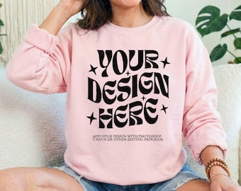 Gildan 18000 Light Pink Sweatshirt Mockup | G180 Pink Crewneck Sweatshirt Mockup | Real Model Mock | Trendy Casual Neutral Styled Aesthetic