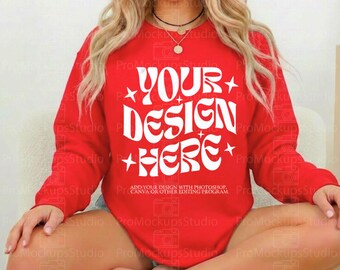 Model Gildan 18000 | Gildan Red Sweatshirt Mockup | Sweatshirt Template Mockup | Simple Active Mockup