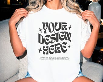 Comfort Colors 1717 White Mockup - Women's T-Shirt with Denim Jacket, Boho & Casual Style, Mockup Print on Demand