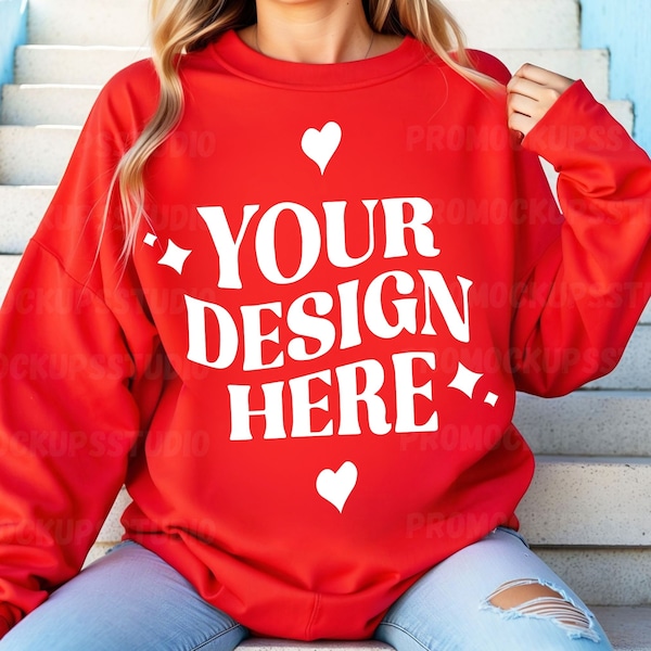 Model Gildan 18000 | Gildan Red Sweatshirt Mockup | Sweatshirt Template Mockup | Simple Active Mockup