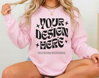 Gildan 18000 Light Pink Sweatshirt Mockup | G180 Pink Crewneck Sweatshirt Mockup | Real Model Mock | Trendy Casual Neutral Styled Aesthetic