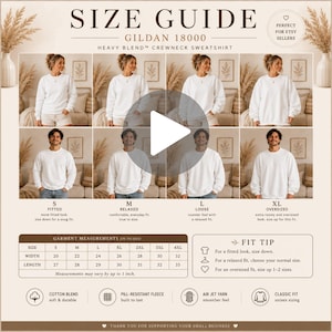 May include: Size guide for a Gildan 18000 Heavy Blend crewneck sweatshirt. The guide includes garment measurements in inches, fit tips, and fabric details. The sweatshirt is available in sizes S to 4XL.