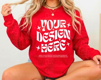 Model Gildan 18000 | Gildan Red Sweatshirt Mockup | Sweatshirt Template Mockup | Simple Active Mockup