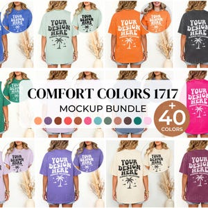 May include: A mockup bundle of Comfort Colors 1717 t-shirts in 40 colors. Each shirt features the text "YOUR DESIGN HERE" with a palm tree graphic. The shirts are displayed on a model, showcasing various colors like blue, green, orange, and pink.
