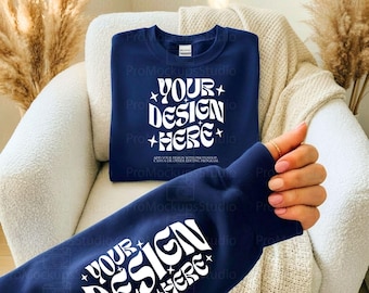 Gildan 18000 Navy Sleeve Mockup | Navy Blue Sweatshirt Sleeve Mockup | Arm Detail Photo | Crewneck Wrist Mockup | Print on Demand POD