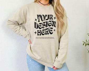 Gildan 18000 Mockup Sand | Beige Sand Sweatshirt Mockup | Unisex Crew Neck Pullover | Neutral Boho Style | JPG Image for POD