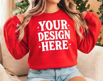 Model Gildan 18000 | Gildan Red Sweatshirt Mockup | Sweatshirt Template Mockup | Simple Active Mockup