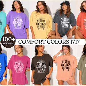 Peut inclure: Plusieurs t-shirts amples de différentes couleurs, dont turquoise, violet, jaune, gris et rouge. Chaque t-shirt affiche le texte "YOUR DESIGN HERE" avec un motif de soleil. L'image comprend également le texte "COMFORT COLORS 1717".