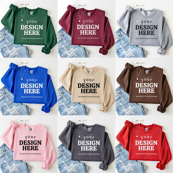 Gildan 18000 Mockup Bundle – 30+ Colors Crewneck Sweatshirt | High-Quality Flat Lay Front View | Blank Sweatshirt Mockups for Etsy & POD