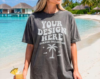 Comfort Colors 1717 Pepper Mockup - Women's Dark Grey Cozy T-Shirt, Denim Jacket and Mug, Boho Style