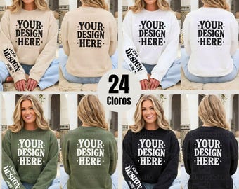 Gildan 18000 Mockup Bundle Flat Lay, 18000 Sweater Bundle, Gildan Model Mockups, Whole Section Bundle, Sand Sweatshirt Front Back Mockup