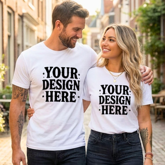Gildan 5000 Mockup White Couple | Unisex T-Shirt Mockup Canva | Gildan 5000 Shirt | POD Mockup for Etsy