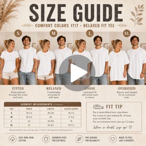 Peut inclure: Guide des tailles pour le t-shirt Comfort Colors 1717 Relaxed Fit. Le guide présente les coupes ajustée, décontractée, ample et surdimensionnée. Les mesures des vêtements sont en pouces. Il y a aussi un conseil pour choisir la taille.