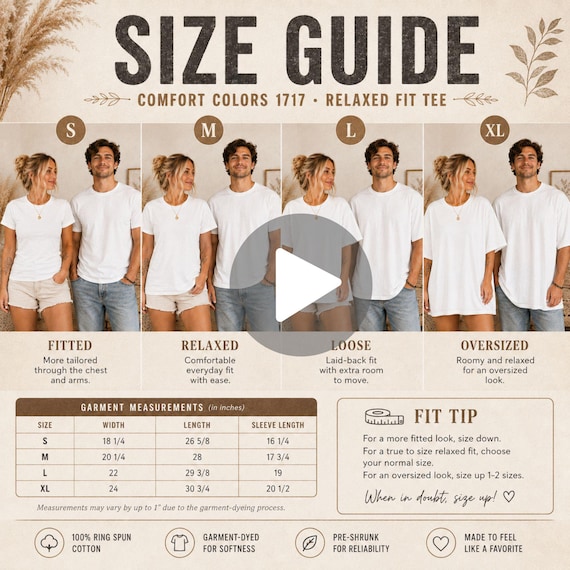 Comfort Colors 1717 Size Guide Video – T-shirt Size Chart & Mockup | Digital Download for T-shirt POD