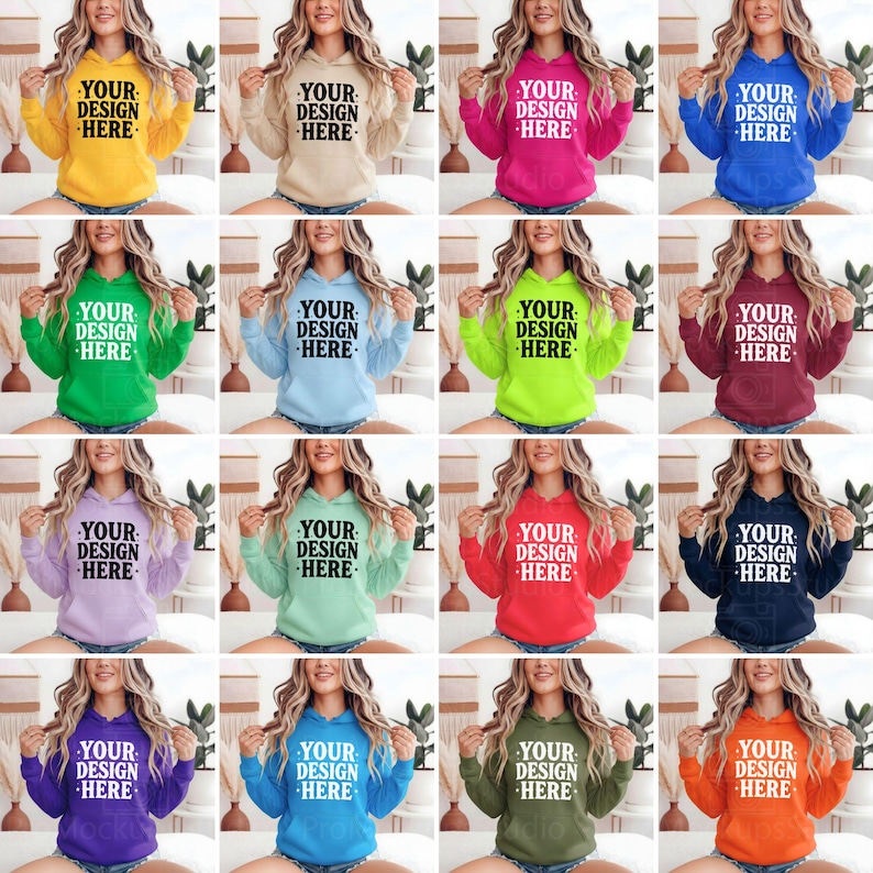K&ouml;nnte beinhalten: Ein Raster von sechzehn Kapuzenpullovern in verschiedenen Farben, darunter Gelb, Beige, Pink, Blau, Gr&uuml;n, Hellblau, Limettengr&uuml;n, Burgunderrot, Lavendel, Mintgr&uuml;n, Rot, Marineblau, Lila, T&uuml;rkis, Olivgr&uuml;n und Orange. Jeder Pullover hat den Text "YOUR DESIGN HERE".