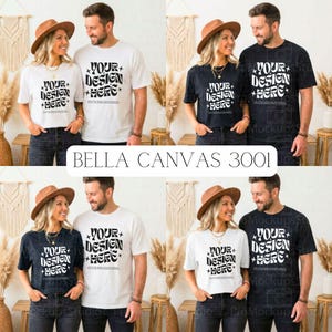 Zestaw makiet Bella Canvas Couple 3001 | 4 czarno-białe makiety koszulek | Zestaw Lifestyle Duo | Zestaw do brandingu POD | Zdjęcie HD