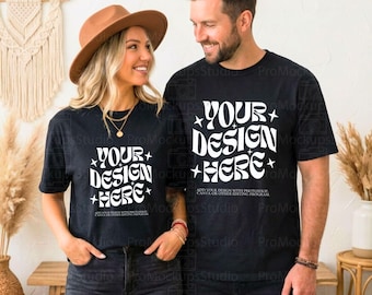 Matching Black Couple Mockup | Bella Canvas 3001 Matching | Two Black T-Shirt Mockup | Unisex Duo | Realistic Photo POD