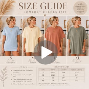 K&ouml;nnte beinhalten: Gr&ouml;&szlig;entabelle f&uuml;r Comfort Colors 1717 T-Shirts. Das Bild zeigt vier verschiedene Farben: Chambray, Butter, Terracotta und Moss. Jede Farbe wird von einem Model getragen. Die Gr&ouml;&szlig;entabelle enth&auml;lt Ma&szlig;e in cm f&uuml;r Breite, L&auml;nge und &Auml;rmell&auml;nge.