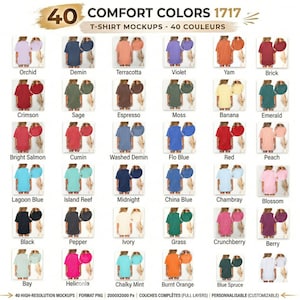May include: A product image showcasing 40 Comfort Colors 1717 T-shirt mockups in various colors. Each shirt is displayed on a model, with colors ranging from Orchid to Berry. The image includes text indicating high-resolution mockups.
