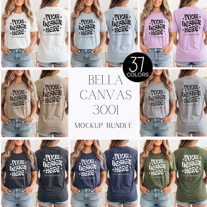 Zestaw makiet koszulek Bella Canvas 3001 | Widok z tyłu | Zestaw makiet przodu i tyłu, cała sekcja, makiety lifestylowe, modne makiety koszul zdjęcie 1