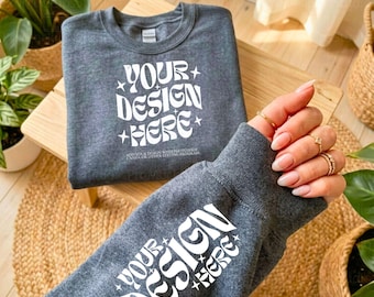Gildan 18000 Dark Heather Sleeve Mockup | Dark Gray Sweatshirt Sleeve Mockup | Arm Detail Photo | Crewneck Wrist Mockup
