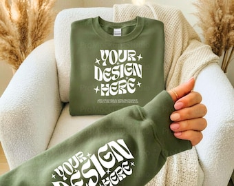 Gildan 18000 Military Green Sleeve Mockup | Green Sweatshirt Sleeve Mockup | Arm Detail Photo | Crewneck Wrist Mockup | Print on Demand POD