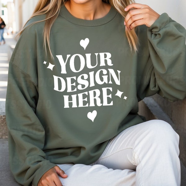 Sweatshirt Mockup, Gildan 18000 Mockup, Gildan Military Green Sweatshirt Mockup, Gildan Sweatshirt Mockup, Gildan 18000 Military Green