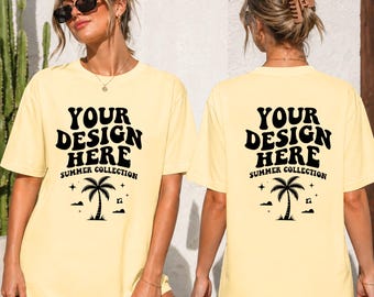 Bella Canvas 3001 T-shirt mockup geel | Achteraanzicht | Mockups voor- en achterkant | Natuurlijke modellen | Buiten | Mockups voor dames | Natuurlijke basis