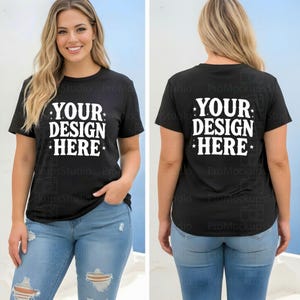 Bella Canvas 3001 Black Tshirt Front & Back Mockup | BC 3001 Black Shirt Front Back View Split Mockup | Trendy Dual Real Model Mock