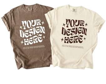 Comfort Colors Duo Mockup 1717 - Espresso & Ivory - Brown and Ivory T-Shirts - Flat Lay Couple Photo - For Canva and POD
