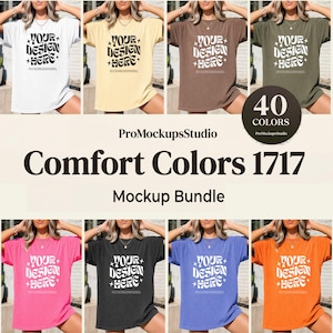 May include: A mockup bundle of Comfort Colors 1717 t-shirts in various colors, including white, yellow, brown, olive green, pink, black, blue, and orange. Each shirt features the text "YOUR DESIGN HERE" in a retro font. The image also includes the text "40 COLORS" and "Mockup Bundle".