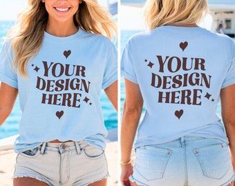 Bella Canvas 3001 T-shirt Light Blue | Rear view | Front and back mockups | Natural models | Outside | Mockups for women