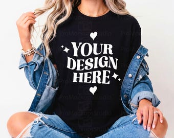 Black Gildan 5000 Mockup, Woman T-Shirt Mockup Black Shirt, Lifestyle Mockup Denim Jacket, Realistic Blank Tee Canva PSD, Etsy Mockup
