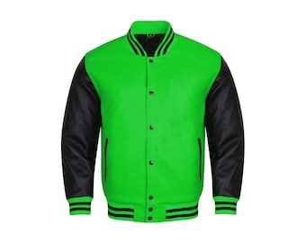 Varsity Jacket for Men Women & kids made from 100% Real Leather Black Sleeves Kelly Green Wool Body Authentic VarsityLetter® Handcrafted
