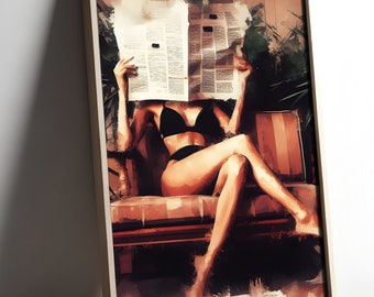 Abstract Woman Reading Newspaper Print, Retro Vacation Wall Art (Digital Download)