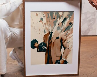 Modern Art Print of Businessman with Dumbbells, Strength and Style Artwork for Office Decor, Abstract Suit Art, Classy Gym Decor Download
