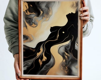 Black and Gold Silhouette Fluid Abstract Artwork of Woman, Luxurious Modern Wall Decor, Contemporary Downloadable Printable, Wall Art