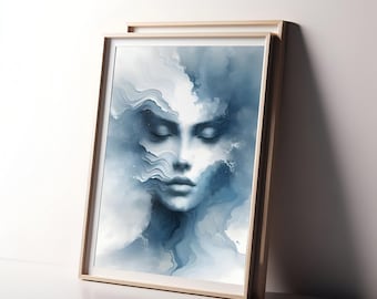 Ethereal Blue Abstract Face Art - Mystical Woman's Portrait in Watercolor Style, Dreamy Waves Download for Modern Wall Decor, Printable