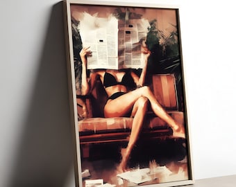 Vintage Woman in Bikini Reading Newspaper, Abstract Painting, Fashion Bedroom Art, Coffee Shop Decor, Retro Poster, Beauty Studio Wall Art