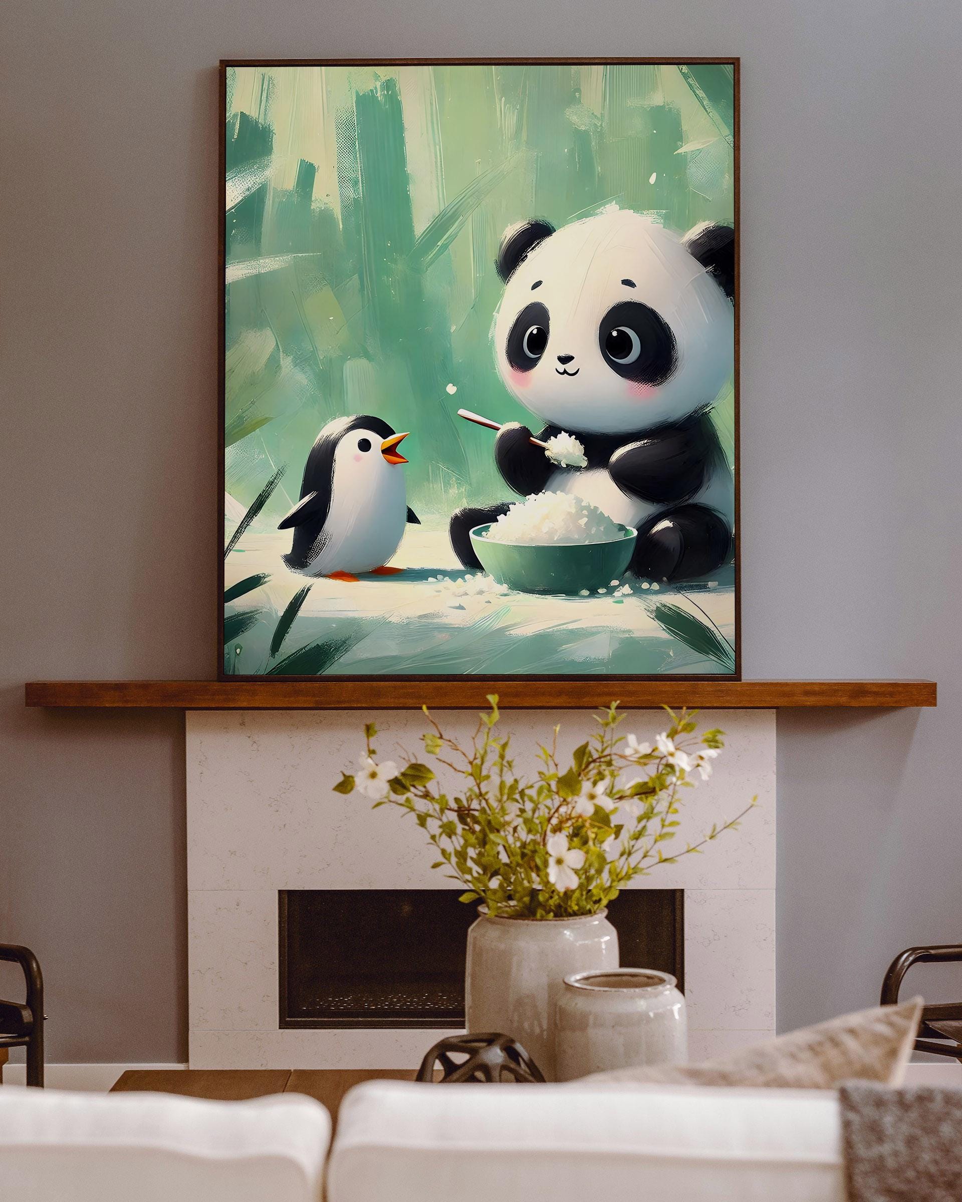 Panda and Penguin Friends Cute Playful Art for Kids Room, Panda Eating ...