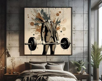 Stylish Powerlifter Abstract Art Motivational Gym Wall Decor Gentleman in Suit with Barbell Deadlift Retro Minimalist Printable Download