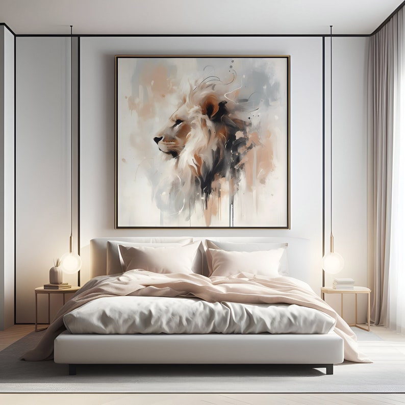 May include: A white bed with a beige comforter and two pillows in a bedroom with a large painting of a lion's head in watercolor style above the bed.