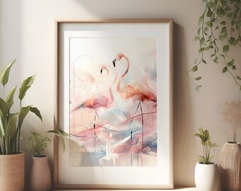 Abstract Flamingos in Pink and Blue - Light & Airy Art, Digital Download, Instant Printable, Contemporary Home Decor, Aesthetic Art