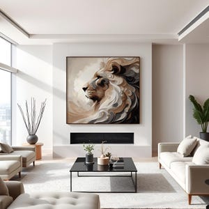 May include: Large framed canvas art featuring a profile of a lion's head. The artwork uses a palette of beige, brown, and gray tones. The lion's mane is depicted with swirling, textured details. The artwork is displayed above a fireplace in a modern living room.
