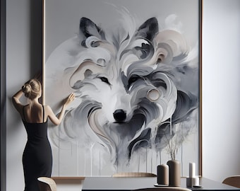 Minimal White Wolf Abstract Art - Printable Download for Bedroom and Dining Room Decor, High-Quality Wildlife Wall Art, White Gray Poster