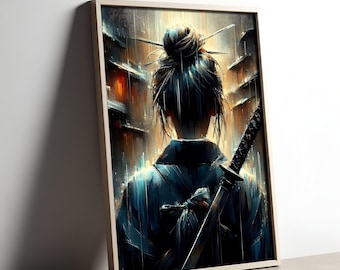 Samurai in the Rain Art Print, Japanese Warrior Poster, Katana and Umbrella Scene, Cinematic Wall Decor, Printable Download, Moody Painting