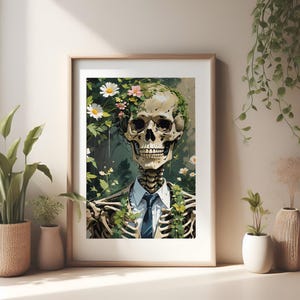Ilustración de pintura de estilo anime abstracto de esqueleto en la naturaleza, arte mural de calavera en jardín, ilustración de pintura imprimible descargable de alta resolución