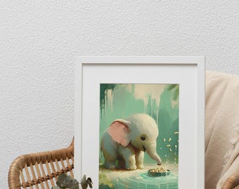 Adorable Baby Elephant Art Painting, Printable Wall Art for Kids' Rooms, Vibrant Jungle Decor Watercolor art Cute Elephant Eating Peanuts