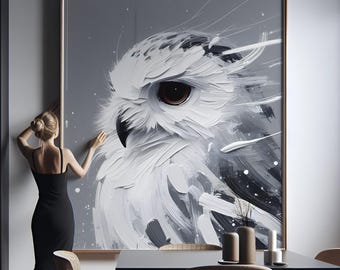 Majestic Snowy Owl Abstract Art Monochrome Wildlife Print Animal Grey Tones Decor Downloadable Wall Artwork Minimal Printable Painting